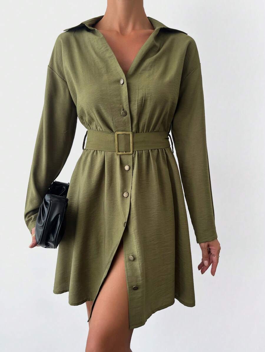 EURMUSE Drop Shoulder Belted Shirt Dress - Army Green - View 1