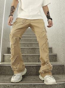 Manfinity EMRG 男士破洞抽鬚直筒牛仔褲 - 卡其色 - 查看 3