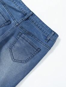 口袋 破洞 拉鍊純色女童（大）牛仔褲 - 深色水洗藍 - 查看 4