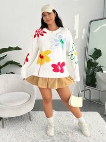 SHEIN EZwear Hơn Mô hình hoa Thả vai Áo len - trắng - Xem 5