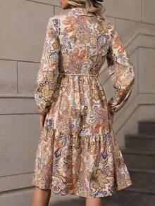 Paisley Print Lantern Sleeve Ruffle Hem Belted Shirt Dress - Multicolor - View 2