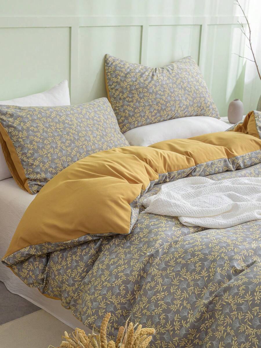 Bộ chăn ga gối 3 món họa tiết lá (1 chăn ga gối + 2 vỏ gối, không có chăn bông), Bộ chăn ga gối đệm polyester mềm mại thân thiện với da phong cách đồng quê Mori hiện đại của Mỹ, phù hợp với mọi mùa, phòng ngủ, phòng khách, phòng chính, trang trí nhà cửa - Nhiều màu - Xem 1