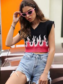 SHEIN Unity Hình lửa Áo len ngắn vest - màu đen - Xem 6