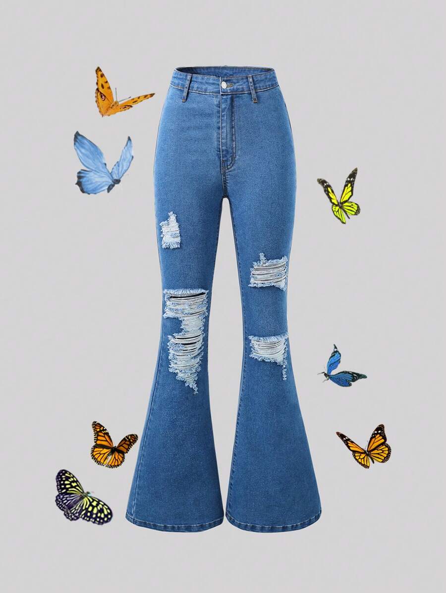SHEIN Quần jeans nữ tuổi teen phong cách Y2K Boho, cạp điều chỉnh được, rách, co giãn, ống rộng. - Rửa trung bình - Xem 1