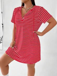 Flirla Plus Striped Drawstring Hooded Tee Dress For New Year, Summer - Red - View 4