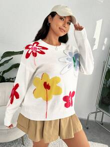 SHEIN EZwear Hơn Mô hình hoa Thả vai Áo len - trắng - Xem 6