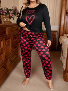 SHEIN Plus Heart & Slogan Graphic PJ Set / Pajama Set  Cozy And Elegant Details, Fall Winter Clothes Outfit - Red - View 5