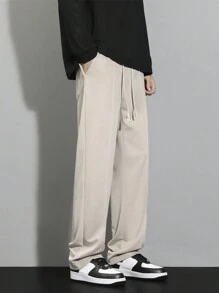 Men Drawstring Waist Straight Leg Trousers - Apricot - View 4