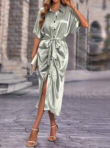 SHEIN Clasi Batwing Sleeve Ruched Button Front Satin Shirt Dress - Silver - View 6