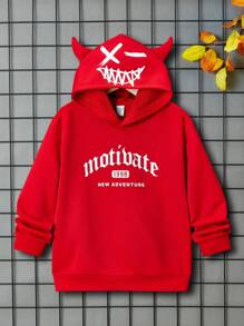 SHEIN 男大童字母圖案3D耳朵設計連帽衫