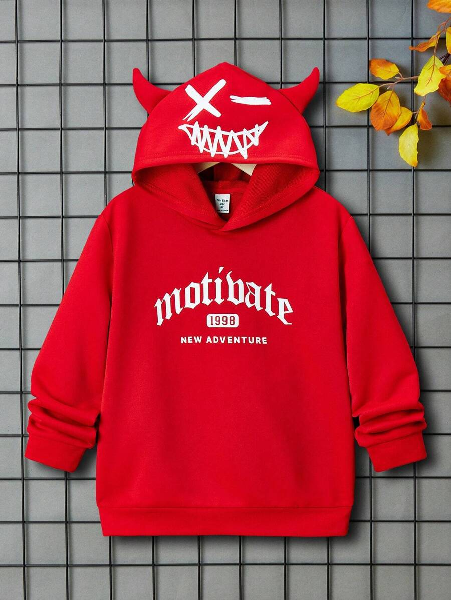 SHEIN 男大童字母圖案3D耳朵設計連帽衫