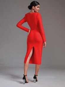 Modphy Đầm dự tiệc bodycon tay dài xẻ lưng trơn màu - Đỏ - Xem 2