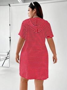 Flirla Plus Striped Drawstring Hooded Tee Dress For New Year, Summer - Red - View 2