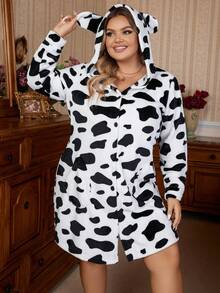 Hơn Hình con bò Thiết kế tai 3D áo có mũ Flannel ÁO choàng mặc nhà - Đen và trắng - Xem 4