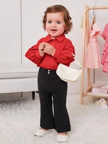 SHEIN Baby Girl Drop Shoulder Button Front Shirt - Red - View 4