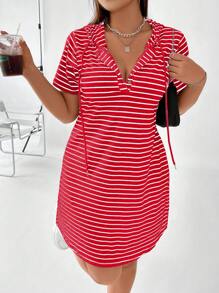 Flirla Plus Striped Drawstring Hooded Tee Dress For New Year, Summer - Red - View 5
