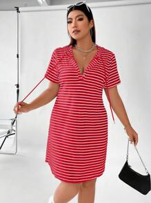 Flirla Plus Striped Drawstring Hooded Tee Dress For New Year, Summer - Red - View 7