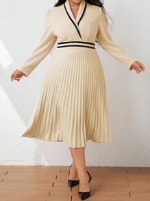 SHEIN Clasi Plus Contrast Trim Pleated Hem Dress - Apricot - View 3