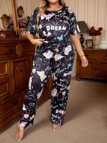 SHEIN Plus Butterfly & Letter Graphic PJ Set / Pajama Set - Multicolor - View 3