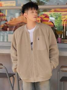 DAZY 男士拉鍊插肩袖泰迪飛行員夾克 - 杏色 - 查看 3