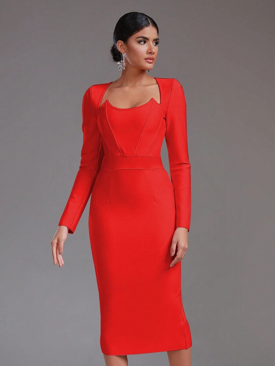 Modphy Đầm dự tiệc bodycon tay dài xẻ lưng trơn màu - Đỏ - Xem 1