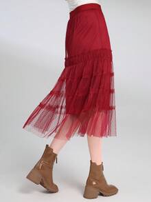 Dobby Mesh Overlay Skirt - Burgundy - View 3
