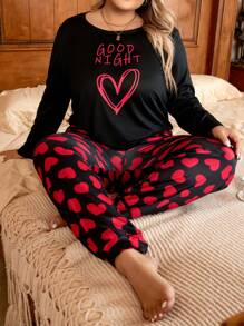 SHEIN Plus Heart & Slogan Graphic PJ Set / Pajama Set  Cozy And Elegant Details, Fall Winter Clothes Outfit - Red - View 3
