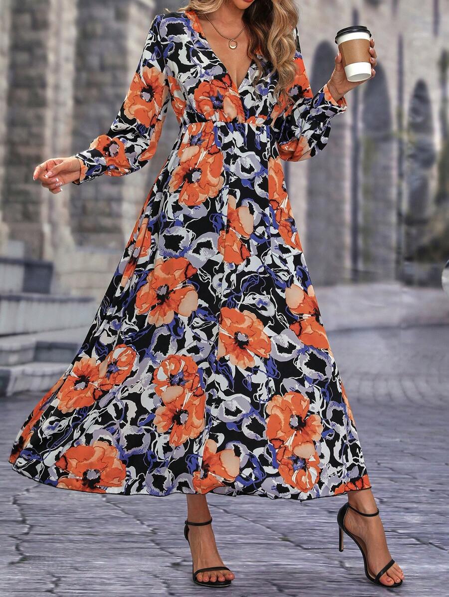 SHEIN Clasi 印花交疊領A字洋裝 - 彩色 - 查看 1