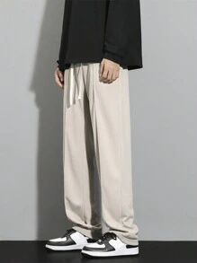 Men Drawstring Waist Straight Leg Trousers - Apricot - View 1