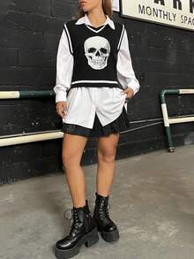 SHEIN Coolane 骷髏圖案條紋飾邊毛衣背心不帶襯衫 - 黑色 - 查看 5