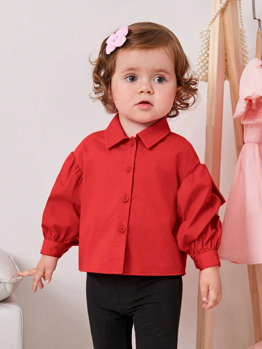 SHEIN Baby Girl Drop Shoulder Button Front Shirt - Red - View 1