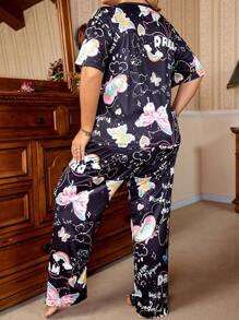 SHEIN Plus Butterfly & Letter Graphic PJ Set / Pajama Set - Multicolor - View 2