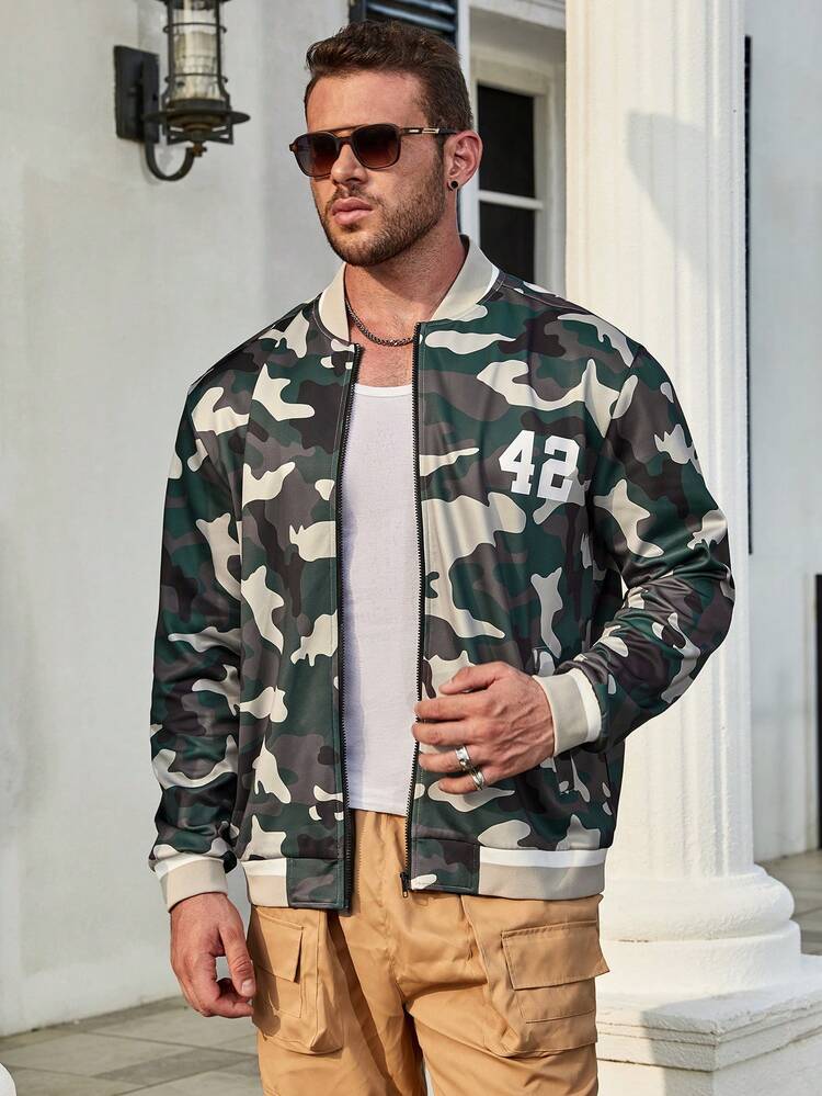 Men Plus Camo Print Bomber Jacket