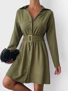 EURMUSE Drop Shoulder Belted Shirt Dress - Army Green - View 3