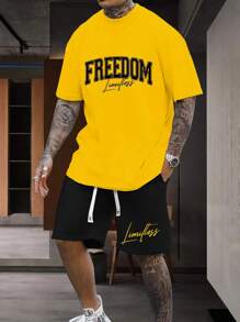 Manfinity Homme Men Letter Graphic Tee & Drawstring Waist Shorts, Men S Casual Graphic Letter Print Short Sleeve T Shirt And Shorts Set, Men Yellow Short Sets, Manfinity Hupemode Men Summer Casual Color Block Letter Print Short Sleeve T Shirt For Going Out For Friends, Men Summer Sweatsuit