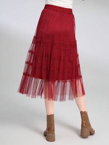 Dobby Mesh Overlay Skirt - Burgundy - View 2