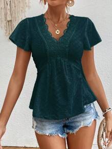 SHEIN Frenchy Áo sơ mi nữ Viên lá sen Tương phản ren Sò điệp màu trơn Boho - Màu xanh lá cây đậm - Xem 7