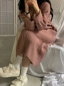 Vestido de punto unicolor de hombros caídos tejido de canalé