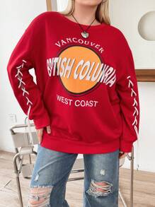 Flirla Plus Letter Graphic Drop Shoulder Sweatshirt Pullover Fall Sweatshirt - Red - View 1