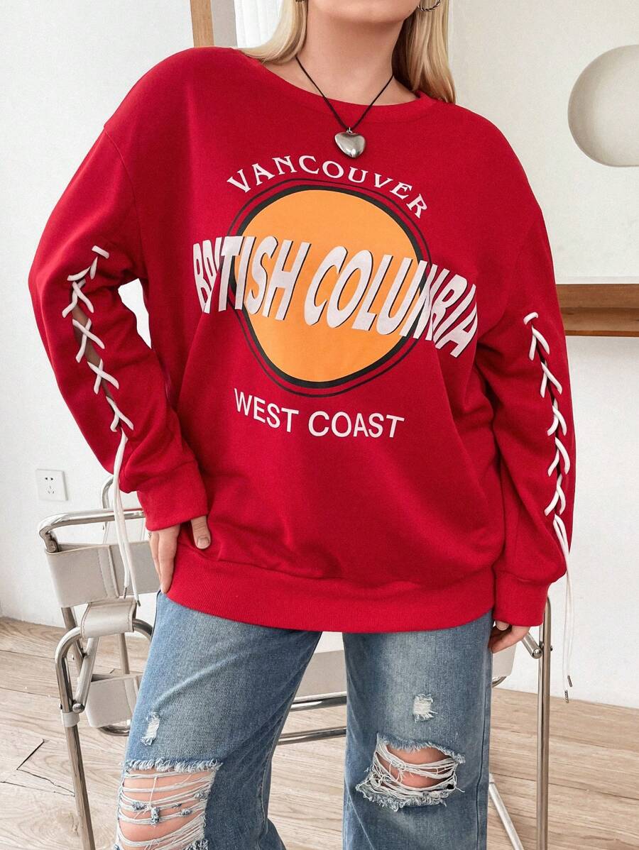 Flirla Plus Letter Graphic Drop Shoulder Sweatshirt Pullover Fall Sweatshirt - Red - View 1