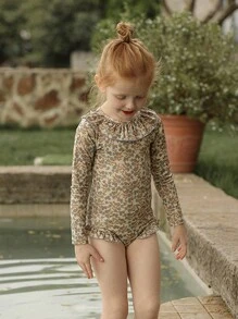 Young Girl Ditsy Floral Print Ruffle Trim One Piece Swimsuit - Multicolor - View 3