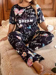 SHEIN Plus Butterfly & Letter Graphic PJ Set / Pajama Set - Multicolor - View 1