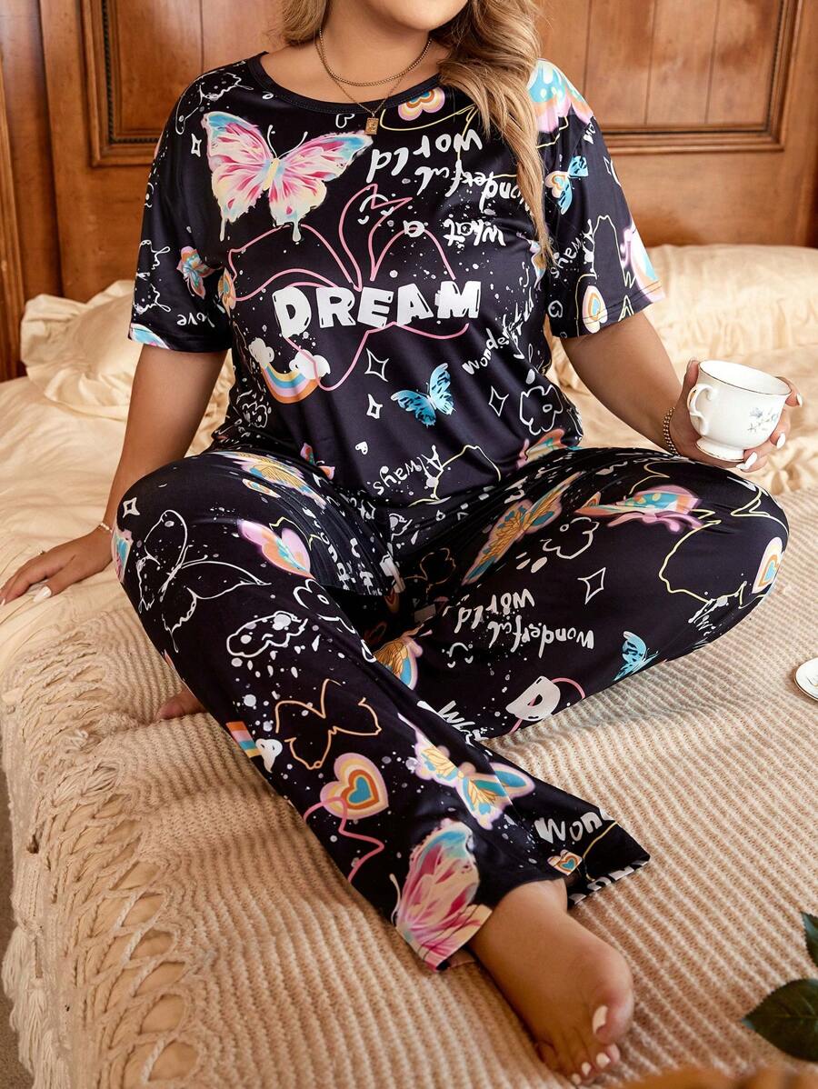 SHEIN Plus Butterfly & Letter Graphic PJ Set / Pajama Set - Multicolor - View 1