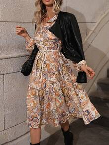 Paisley Print Lantern Sleeve Ruffle Hem Belted Shirt Dress - Multicolor - View 5