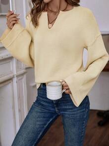 EMERY ROSE 缺角领落肩针织套头衫秋冬毛衣 - 杏色 - 查看 5