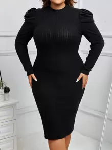 Celure Plus Mock Neck Puff Sleeve Bodycon Dress - Black - View 2
