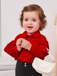 SHEIN Baby Girl Drop Shoulder Button Front Shirt - Red - View 3