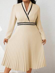 SHEIN Clasi Plus Contrast Trim Pleated Hem Dress - Apricot - View 4