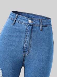 SHEIN Quần jeans nữ tuổi teen phong cách Y2K Boho, cạp điều chỉnh được, rách, co giãn, ống rộng. - Rửa trung bình - Xem 5