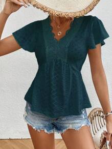 SHEIN Frenchy Áo sơ mi nữ Viên lá sen Tương phản ren Sò điệp màu trơn Boho - Màu xanh lá cây đậm - Xem 1